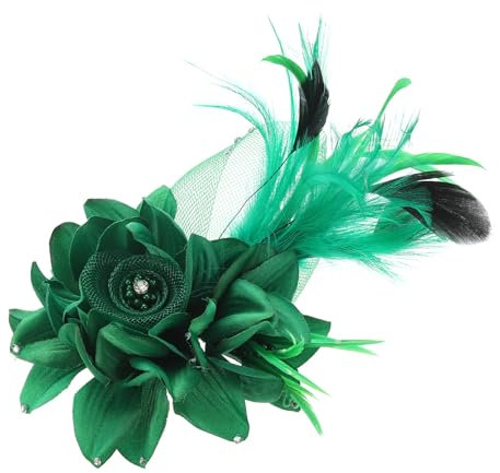PATIKIL Pince à cheveux florale, 1 pièce Élégante broche à fleur en plume de chapeau en soie pour mariage, accessoires de broches Camélia Charm Lady Dress Suit, vert avec plumes noires