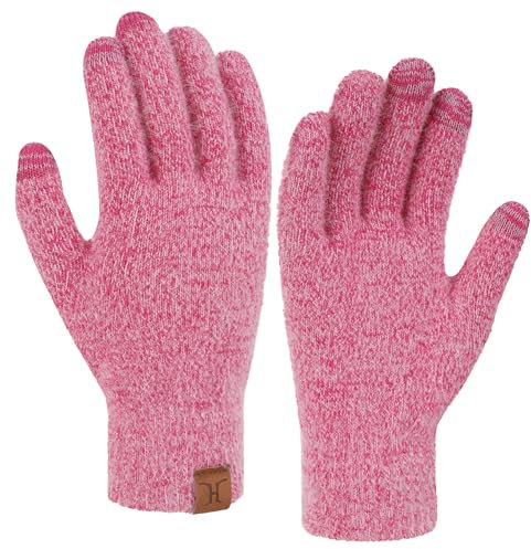 Bequemer Laden Touchscreen Handschuhe Damen Winter Warm Winterhandschuhe Strickhandschuhe mit Elastisch Manschette Frauen Geschenk, Rosenrot