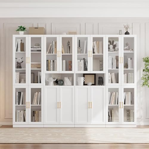 VOWNER 7-Tier Bookcase Glass Doors Drawers Adjustable Shelf CDDC | Modern storage display cabinet set for home office and living room, ideal for organizing books, decor and essentials.