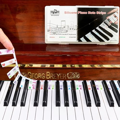 Piano Key Labels, Piano Note Stickers Removable for 88-Key Standard Full-Size Keyboard Reusable Silicone Strips Multi-Color Large Bold Letter for Beginners Kids (Colourful)