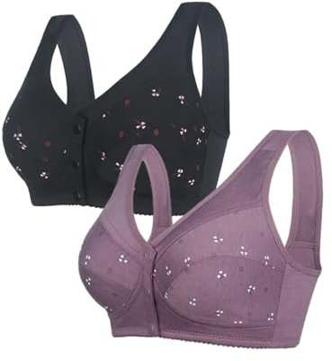 SDERG 2PC Front Fastening Bras for Women UK Plus Size Women's Bras Non Wired Full Coverage Soft Comfortable Daisy Bras for Older Women UK Floral Print Non Wired Front Fastening Sports Bra Sale