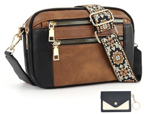 JinDouer UmhäNgetasche Damen Pu Leder, Crossbody Bag mit Breitem Schultergurt, Kleine Handtasche mit Vielen FäChern - Tasche (Schwarzbraun)