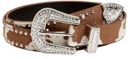 uikios Glitzer-Gürtel, Jeans-Bund, Punk-Nieten, Nietengürtel, Kuh-Muster, Bund für Straßenspieler, Club, Party, Braunes Kuhmuster, 112*2.7cm