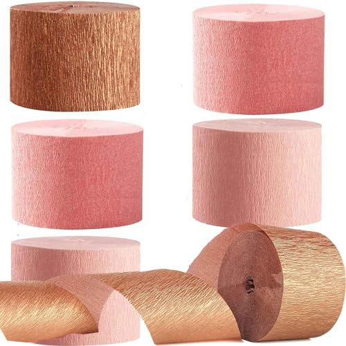 6 Rollen Rose Gold Krepppapier, Kreppbänder, Rose Gold Party Dekoration,Krepppapier Luftschlangen Party Deko,Hochzeit Dekoration(4.5 cm x 25 m)