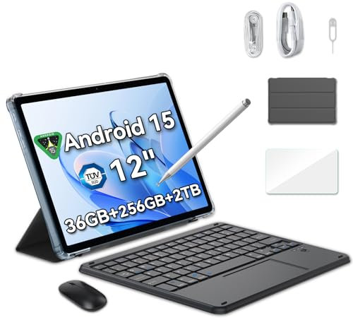 Blackview MEGA 2 Tablet 12 inch Android 15 Tablet with Keyboard, Mouse, Pen, Case & SIM Card Slot | 36GB + 256GB (2TB) | 2.4K 120Hz FHD+ IPS Display, 9000mAh/33W, 5G WiFi, GPS