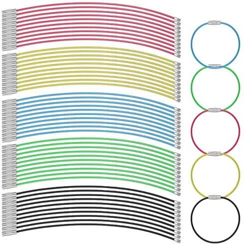 Qianyu 50 llaveros de alambre de 5.9 pulgadas de acero inoxidable con revestimiento de nailon, anillos de cuerda de metal de colores surtidos para colgar etiquetas de equipaje, guardapolvos, viajes
