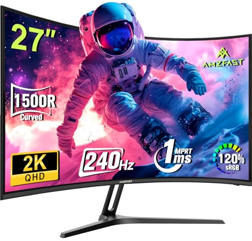 Amzfast 27 Inch 1440p Curved Gaming Monitor - 240Hz, 2K WQHD (2560x1440), 1500R, 1ms MPRT, Adaptive Sync, HDR, 120% sRGB - HDMI 2.0, DisplayPort 1.4 (AMZG27C1Q Pro)