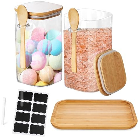 Gzsekken 2 Pack Bath Salt Jar,Glass Jar with Bamboo Scoop & Lid 1200ML,Bathroom Storage Container for Bath Salts Bombs,Decorative Bathroom Decor and Accessories SPA Tub Dispenser for Women