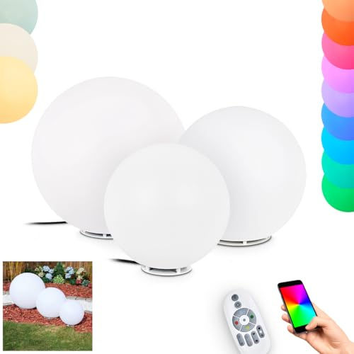 HOFSTEIN Kugelleuchte Ilorn, Kugellampen 3er Set aus Kunststoff weiß, RGB Wegelampe Ø 30, 39, 50cm mit Fernbedienung, CCT einstellbar 2700-6500, Farbwechsler, Außenleuchte Garten, IP 65, 3xE27 inkl.
