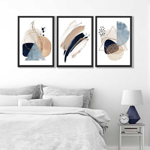 ARTZE Set of 3 Abstract Blue and Beige Wall Art Prints Only Size: (A2-42 x 59.4 cm)