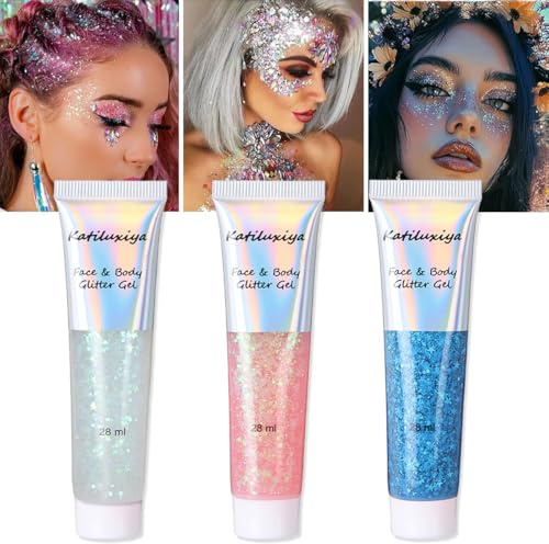 Katiluxiya 3 Color Face Body Paint, Face & Body & Eye & Lip Festival Holographic Glitter for Party (3PCS)