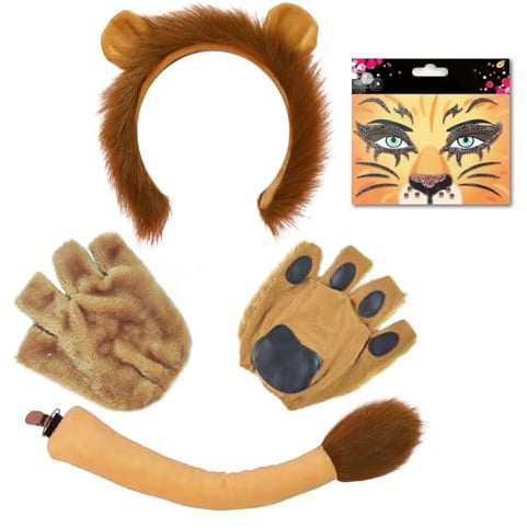 TUONYIS 4 Stück Löwe Kostüm Kinder Erwachsene,Ohren, Stirnband Handschuhe Schwanz Gesichtsfarben Set,löwenkostümfür Tierkostüm für Cosplay Geburtstag Bühnenauftritt Halloween Karneval
