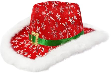 Qooplu Roter Weihnachts-Cowboyhut – weißer Rand Urlaub Western Kostüm Zubehör – Weihnachten Westernhut – für Bühnenauftritte Cosplay Requisiten Maskerade Bälle