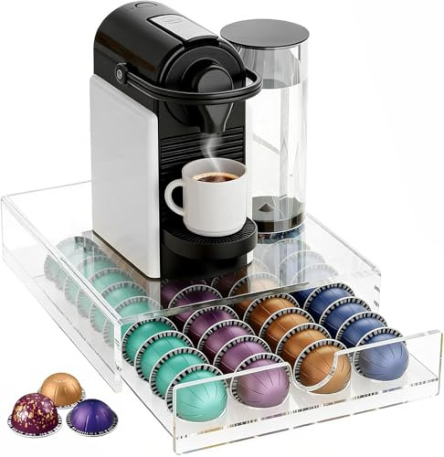 Clear Coffee Pod Storage Drawer for Nespresso Vertuo, Coffee Capsule Pod Holder with Sliding Draw, Acrylic Coffee Capsules Holder Coffee Machine Stand for Counter, Coffee Capsule Organizer - 40 Pods