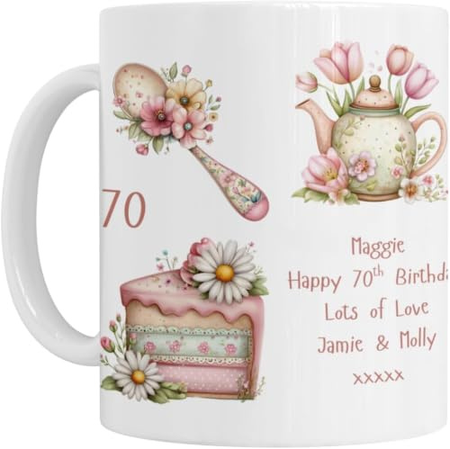 Personalised Birthday Mug, Floral Tea Cup & Tea Pot Design with Butterfly and Cakes Gift for Her Women 40th 50th 60th 70th 80th Mum Nan, White Ceramic