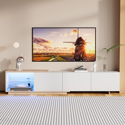 TV Schrank Modern mit 3 Farben LED, Fernsehtisch mit 3 Schubladen und Offenen Regalen, 163-240 cm lang, Weiß+Holzfarbe TV Lowboard mit Stauraum, TV Sideboard Skandinavisch für Wohnzimmer (Weiß-B)