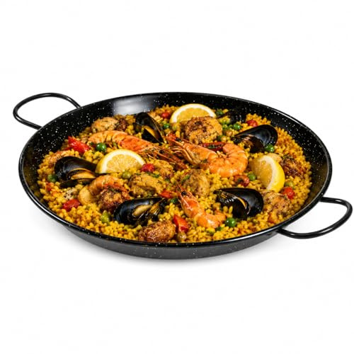 GK Global Kitchen Enamel Paella Pan with Handles Traditional Spanish Steel Cooking Pan Black Speckled Shallow Frying Pan for Paella Rice Seafood Biryani BBQ Hob Oven Cooking (40CM)