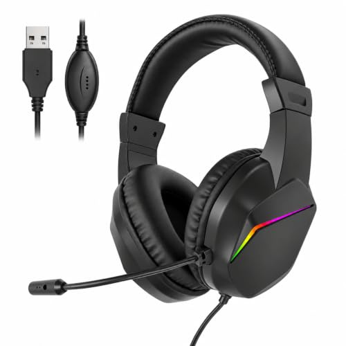 TICFOX Gaming-Headset kabelgebunden mit RGB-Beleuchtung, USB PC Gaming Kopfhörer mit 1.6 M Kabel Mikrofon mit Geräuschunterdrückung, USB Over-Ear Headset für PC Laptop Desktop