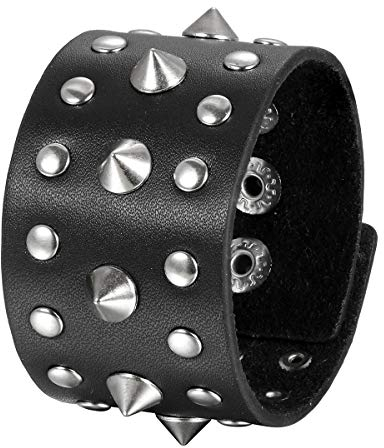 Flongo Herrenarmband Männer Armband Lederarmband, groß breit Leder Armband Armreif Spitze Nieten Schwarz Silber für Männer Herren-Accessoires Punk Rock Biker