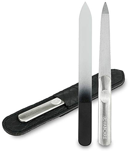 FABCARE Nagelfeilen Set mit Etui (2 Stück) - Glasnagelfeile doppelseitig und Metallfeile für professionelle Nagelpflege - Hochwertiges Nail File Set für präzises Feilen und langlebige Ergebnisse