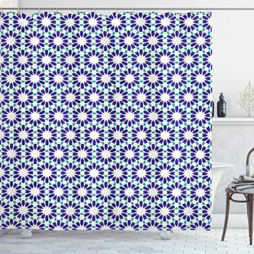 ABAKUHAUS Mosaik Duschvorhang, Klassische marokkanische Design Kunst, Stoffliches Gewebe Badezimmerdekorationsset mit Haken, 175 x 180 cm, Indigo Dunkel Seafoam und Weiß