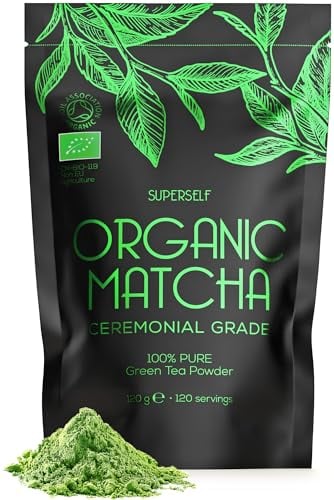 SuperSelf Organic Matcha Powder - Ceremonial Grade & 100% Pure - Smooth Taste & Vibrant Green - Macha for Straight Tea, Lattes, Baking - Certified Organic - Japanese Stone Ground Method - Large 120g
