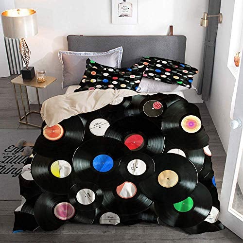 Knncch Leichte Bettbezug-Sets, abstrakte Musik Bunte Vintage-Schallplatten, dekorative 3D-Druck Bettwäsche-Set mit 2 Kissenbezug