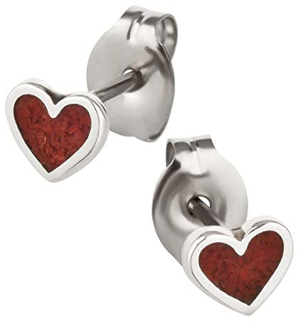 Ohrstecker Ohrringe Herz Silber 925 Sterling Koralle Inlay als Ohrschmuck mit kleiner Schmuckbox - 7K - Indianer Schmuck Geschenke für Damen, Mädchen, Jungen, Kinder und Herren