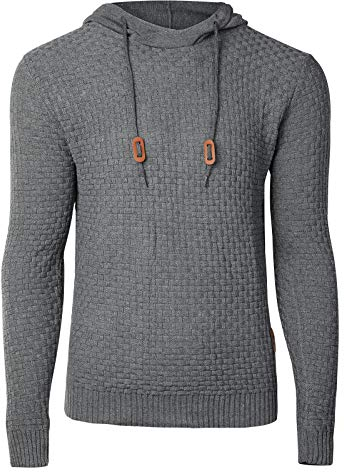 Genfien Men's Casual Long Sleeve Funnel Neck Plaid Jacquard Pullover Thick Knitted Sports Pullover Hooded Sweatshirt Grey