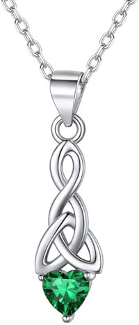 ChicSilver Triquetra Celtic Knot Necklace with Heart Birthstone for May Women 925 Sterling Silver Simulated Green Emerald Pendant with Chain