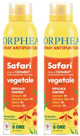Orphea, Spray Antipuntura, Safari Formula, Protegge dalle Punture di Zanzare, Tafani ed Altri Insetti, Ingredienti di Origine Vegetale, Efficacia Fino a 8 Ore, Confezione da 2x100ml