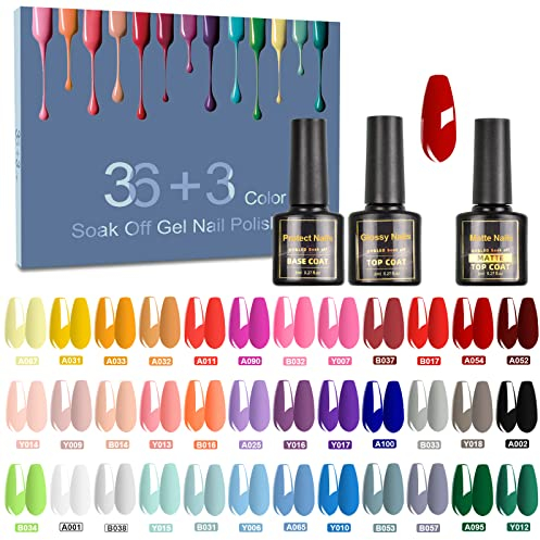 NAILABY UV Nagellack Set - 39 Stück Soak Off Gel Mit Unterlack, Glänzender & Matte Überlack - Shellac Farben Gel Nail Polish für Nagel Design