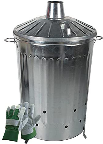 simpahome 125L Locking Lid Galvanised Incinerator and Pair of Reinforced Rigger Gloves.