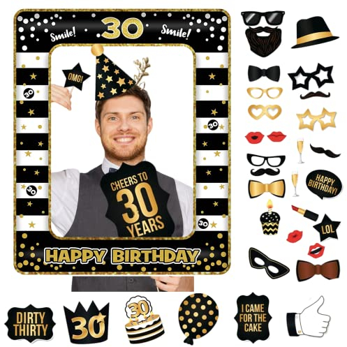 POPOYU Decoraciones de cumpleaños número 30 para hombres y mujeres, marco inflable para selfies y 34 accesorios para cabina de fotos de 30 cumpleaños, marco inflable gigante para decoración de fiesta