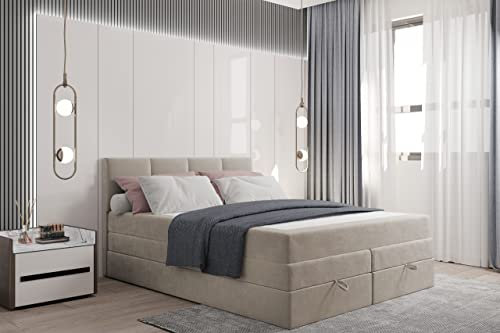 Lit Adulte 160x200 cm Prado - avec Rangement et Matelas Ressorts ensachés - Tissu Velours - Beige