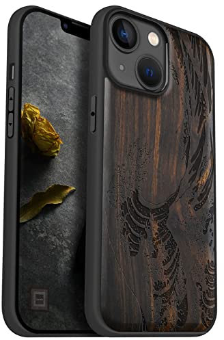 Carveit Handyhülle für iPhone 14 Cover Kompatibel Magsafe [Holz und TPU Silikon Hybrid hülle] Magnetisch Hull für Apple 14 Case Holzdesign（Dunklesholz-Die große Welle vor Kanagawa）