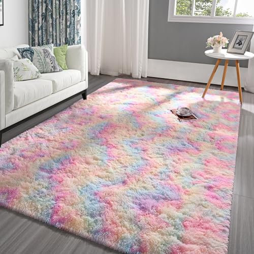 Pettop Plüsch-Teppiche, Batik-Teppiche, 10.2x15.2 cm, flauschiger Teppich für Wohnzimmer, Schlafzimmer, Mädchen, Kinderzimmer, Spielzimmer, Wohnheim, Teenagerzimmer, Dekor, rechteckig, Regenbogen