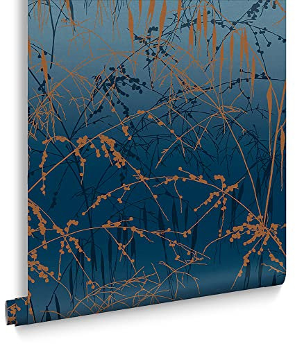 Clarissa Hulse Meadow Grass French Navy and Copper Wallpaper | Blue Wallpaper | Trail Wallpaper | Eco-friendly Wallpaper