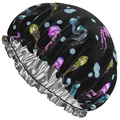 Colorful Sea Jellyfish Shower Cap Reusable Bathing Hair Cap for Women Hair Protection Soft Hair Bonnet with PEVA Lining & Elastic Band Fashion Hair Bath Caps Double Layer Waterproof Bathing Shower H