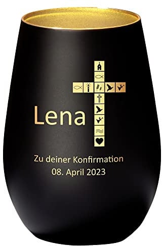 4you Design Windlicht Kreuz mit Namen, Datum graviert (Metall-Schwarz-Gold) Geschenk zur Konfirmation, Teelichthalter für Patenkinder, Personalisierte Geschenkidee