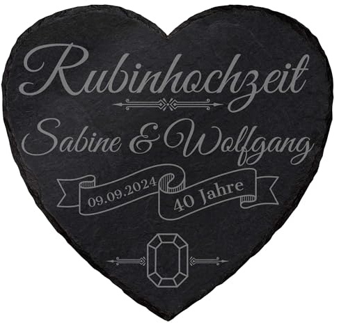 mtb more energy Personalisierbare Schiefertafel Herz ''40 Jahre Rubinhochzeit'' - individuell anpassbar - 15x15 cm - Laser Gravur auf Schieferherz - Hochzeit Geschenk