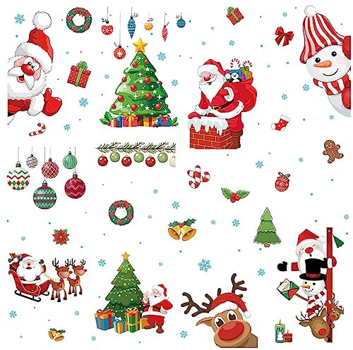 craspire 8 Feuilles 8 Styles Autocollants de Fenêtre de Noël Grand Père Noël Fenêtre S'Accroche Flocon de Neige Décoration Murale Stickers Affichage pour Chambre Salon Magasin Vitrine Décorations