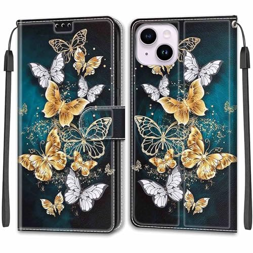 KENHONER Case for iPhone 14 Plus, golden butterfly | Magnetic Closure, Card Slots, Kickstand, Shockproof Protective,Flip Cover Wallet, Lanyard