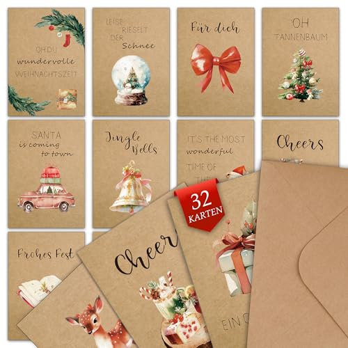 32 Weihnachtskarten mit Umschlag Set - Kraftpapier Postkarten Weihnachten Set mit Sprüche - A6 Merry Christmas Cards mit unterschiedlichen Motiven - Blanko Seiten zum Schreiben von Segenswünschen