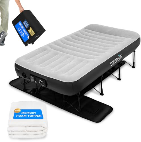 SereneLife Inflatable Air Bed with Frame - Auto Inflating Air Mattress with Built-in Pump, Memory Foam Cover, Self-Deploying Frame, Ideal for Guests, Camping & RV, Easy Carry Case, Queen 77 x 40