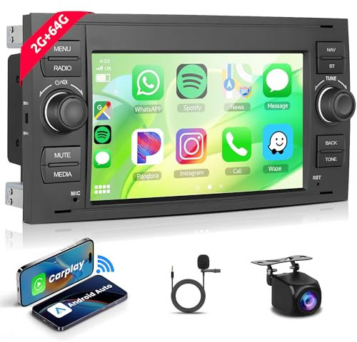 2+64G Wireless Carplay Android Radio de Coche para Ford Focus C-MAX S-MAX Kuga Fiesta Transit Fusion Mondeo Galaxy Connect 7 Pulgadas Radio Android Auto Navi GPS WiFi Bluetooth FM/RDS Cámara Trasera