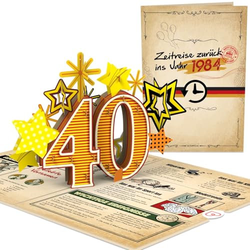 papercrush® Pop-Up Karte „Zurück ins Jahr 1984“ - Lustige 3D Geburtstagskarte zum 40. Geburtstag für Frau & Mann - Besondere Glückwunschkarte 40 Jahre mit lustigen Fakten zum Jahrgang