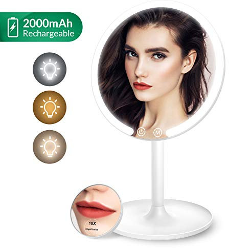 EASEHOLD Miroir cosmétique lumineux à LED avec grossissement 10x, 3 couleurs de lumière à intensité variable, commande tactile, miroir de maquillage pour rasage, maquillage, soins de la peau (batterie