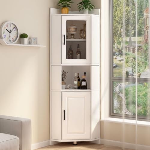 WEIDPHL Hoher Eckschrank, Moderner Eckschrank Mit Glastür, Freistehender Vorratsschrank Für Wohnzimmerküche,Weiß