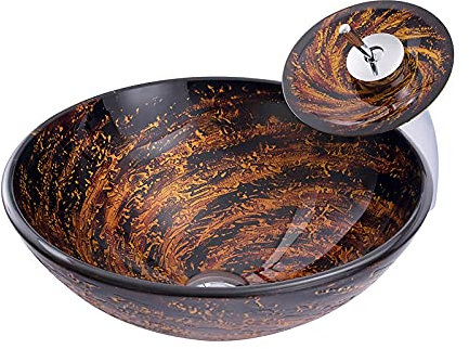 Badezimmer-Waschbecken mit Wasserhahn und Abfluss, Kombi-Waschbecken, Aufsatzwaschbecken aus gehärtetem Glas, rundes Aufsatzwaschbecken, Kunstwaschbecken, Dicke 12 cm